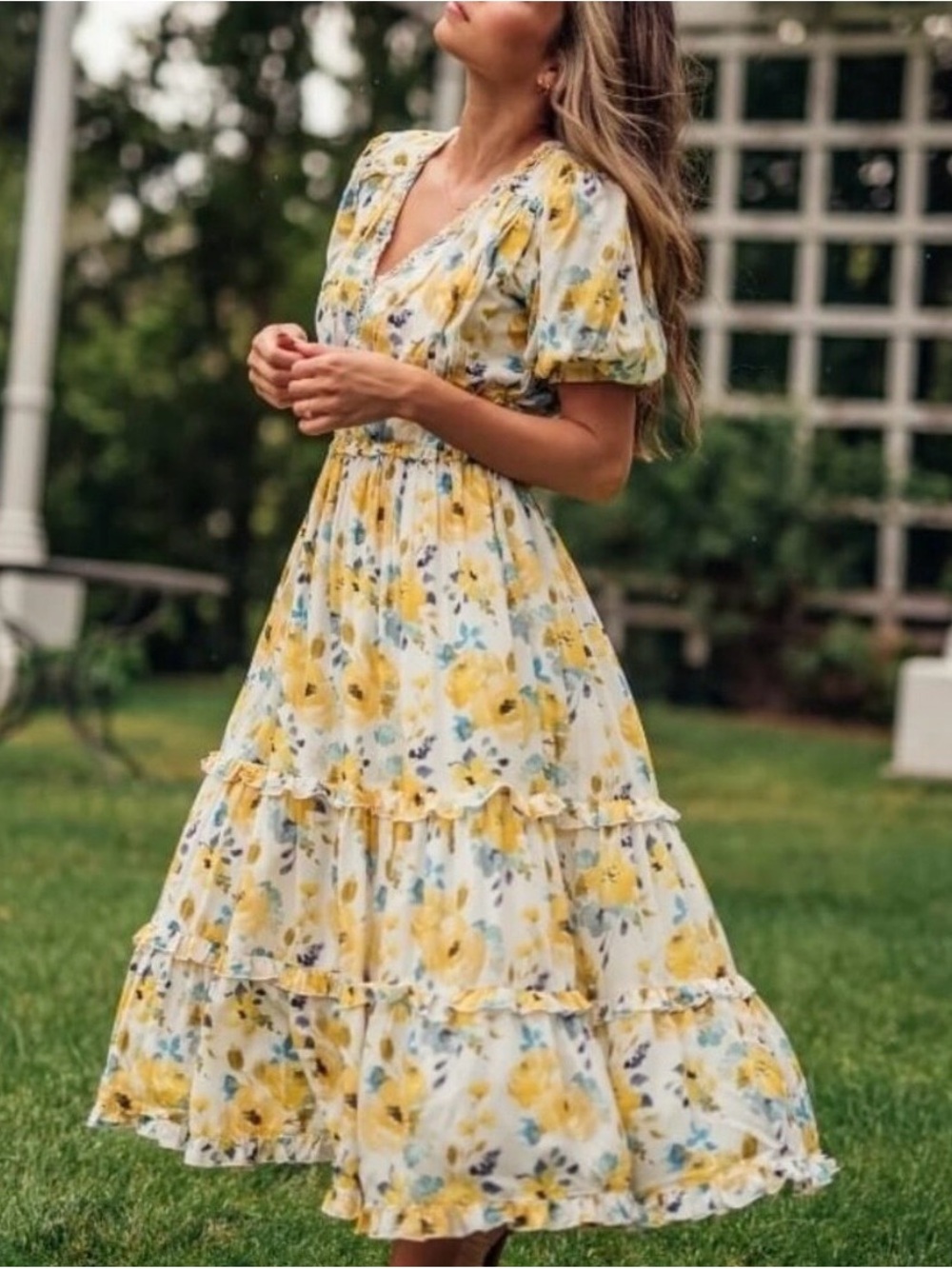 JessaKae Yellow Floral Tiered Maxi Dress with Puff Sleeves